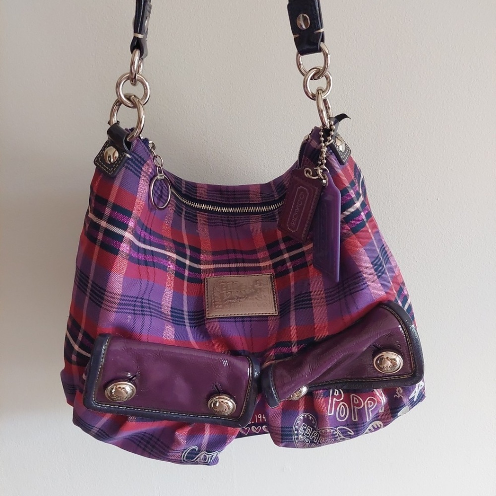 Coach 16120 Poppy Metallic Tartan Shoulder Handbag Purse
